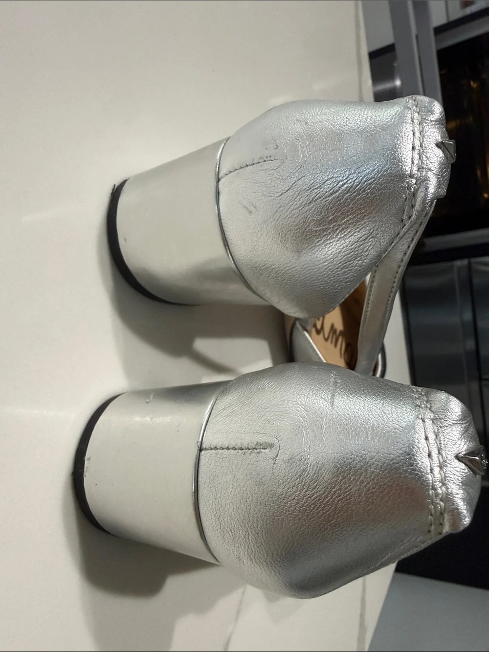 Sam Edelman Silver and Black Slingback Block Heel Pumps